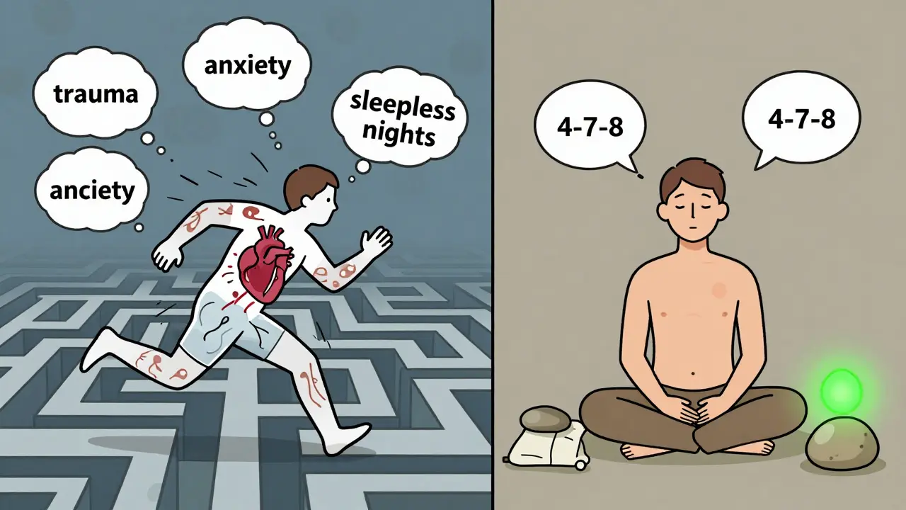 Dvě scény: jedna s lidí běžícího v chaosu myšlenek, druhá s lidí klidně dýchajícího s přírodními prvky.