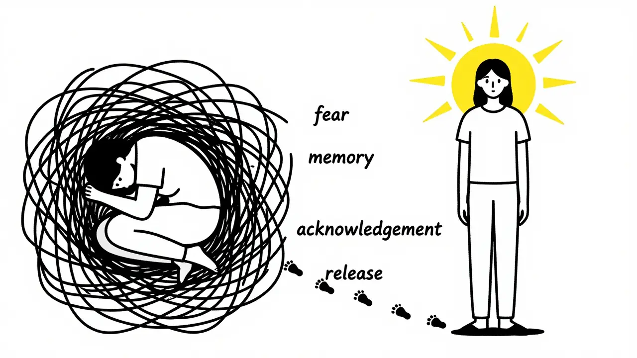 Dvě verze člověka: jedna zabořená ve tmě, druhá osvětlená — cesta od potlačování k přijetí.