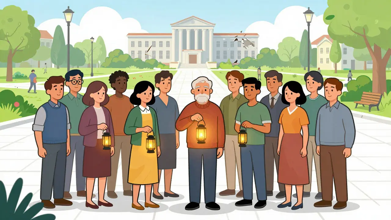 Lidé v náměstí rozsvěcují lampiony, symbolizující podporu duševního zdraví ve společnosti.