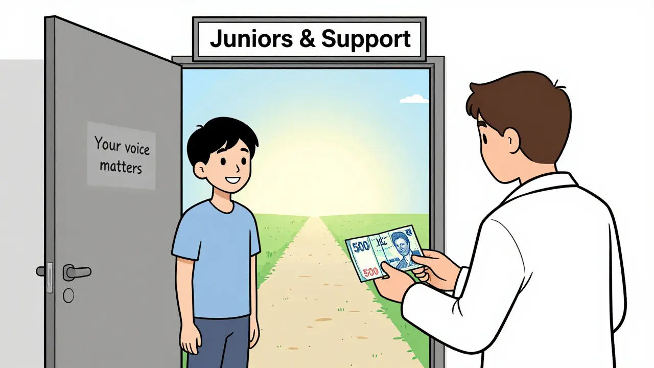 Mladý terapeut přijímá klienta s levnější cenou, symbolizující přístupnou psychoterapii.