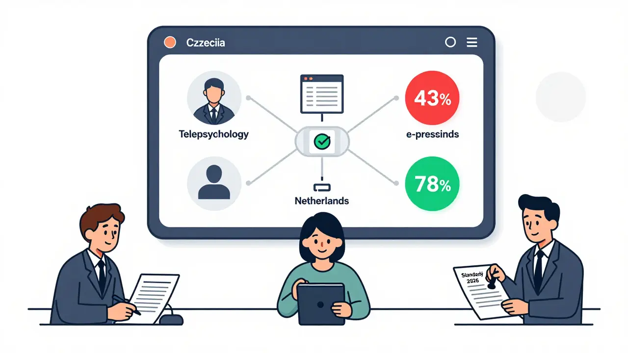 Národní dashboard zobrazující integraci telepsychologie s elektronickými zdravotními záznamy v ČR a Nizozemsku.
