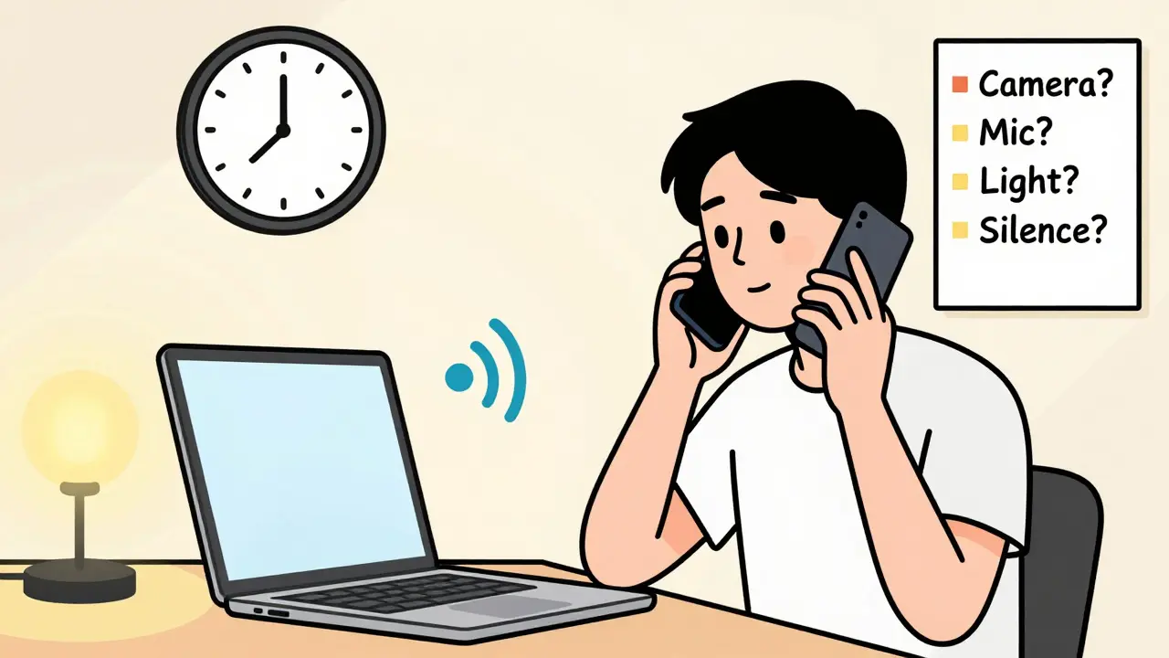 Osoba hovoří po telefonu během přerušení videa, s kontrolním seznamem a lampou na stole, symbolizující klid a přípravu.