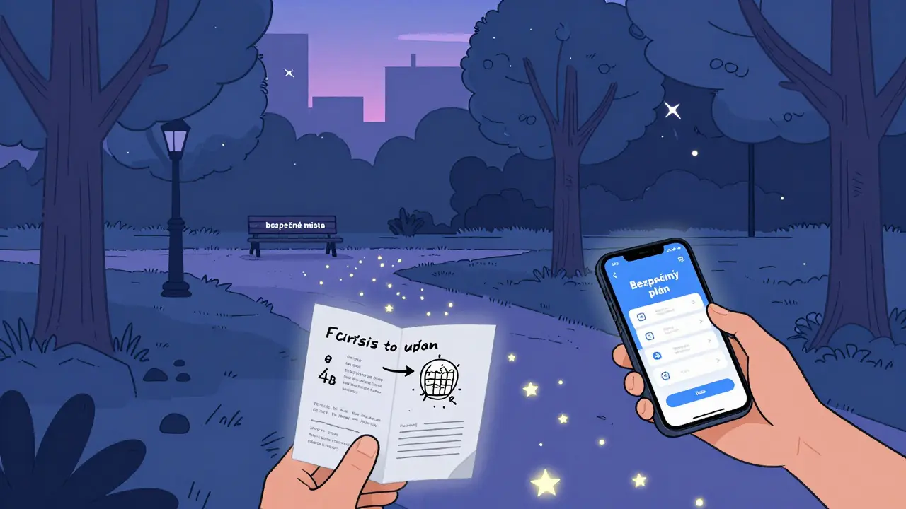 Osoba kráčí v parku s tištěným krizovým plánem a mobilní aplikací, cesta vede k bezpečnému místu.