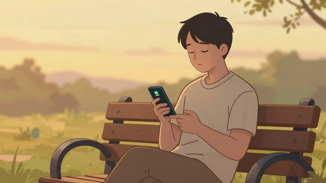 Osoba sedí tichá na lavičce, dýchá klidně a nečeká na pozornost — najde klid v sobě.