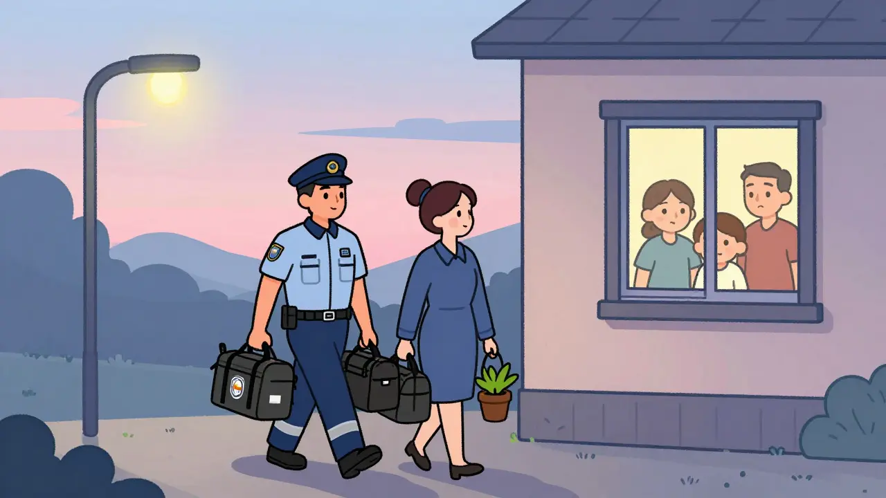 Paramedik a psycholog jdou k domu na ranním světle, rodina je sleduje z okna.