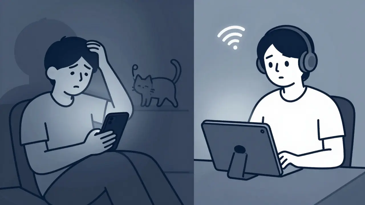 Porovnání špatného a dobrého nastavení online terapie: telefon na klíně vs. tablet na stojánku s dobrým osvětlením.