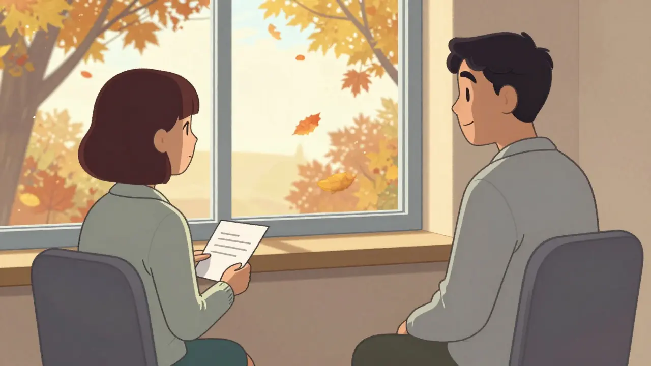 Poslední sezení terapie: klient a terapeut sedí vedle sebe a dívají se ven, listí padá.