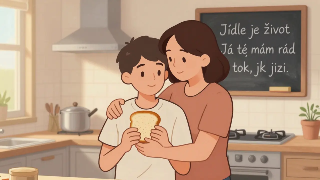 Rodič a dospívající se objímají v kuchyni, za nimi tabule s pozitivními větami.