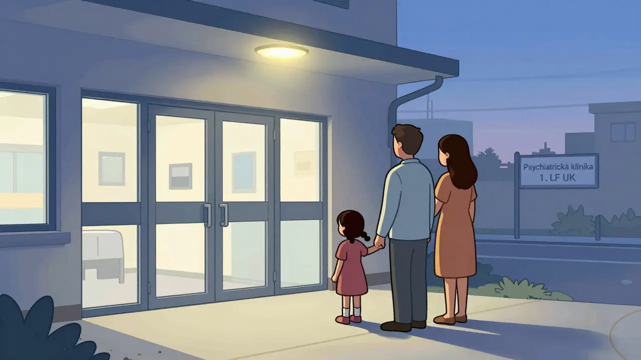 Rodina stojí před psychiatrickou klinikou, dcera se připravuje vstoupit do nemocnice.