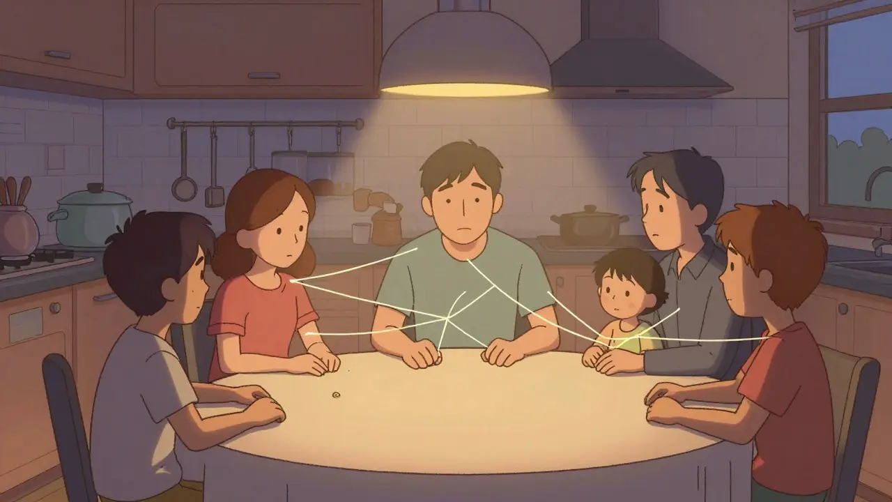 Rodina u stolu, spojená světlými nitěmi, symbolizujícími nové porozumění.