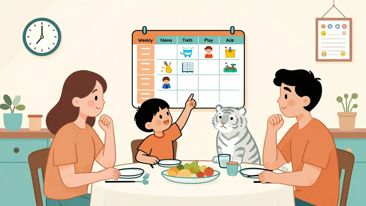 Rodina u večeře s vizuálním rozvrhem na zdi a klidným tygrem vedle dítěte.