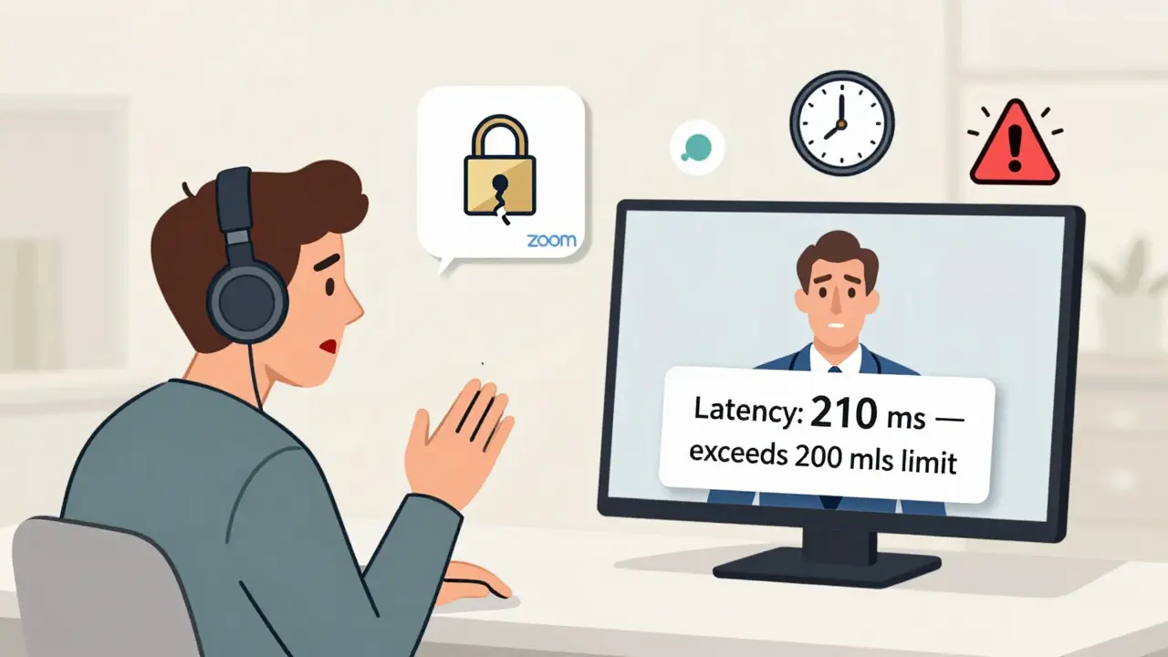 Rozdělený obraz: pacient v Německu a psycholožka v ČR během videohovoru s varováním o příliš vysoké latenci.