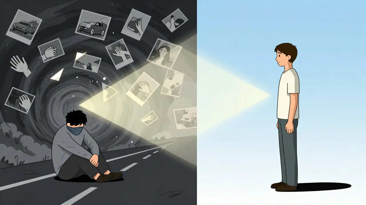 Rozdíl mezi traumatickou vzpomínkou a jejím přepracováním ve formě temné bouře a klidného kraje.