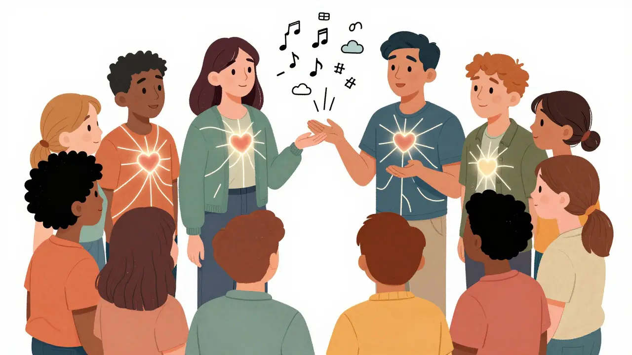 Různí lidé v kruhu s propojenými myšlenkami, symbolizující různé způsoby komunikace a pochopení.