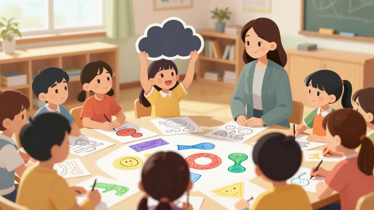 Skupina dětí kreslí své emoce na velkém papíře během terapeutického sezení ve škole, terapeut sedí tichý a podporující.