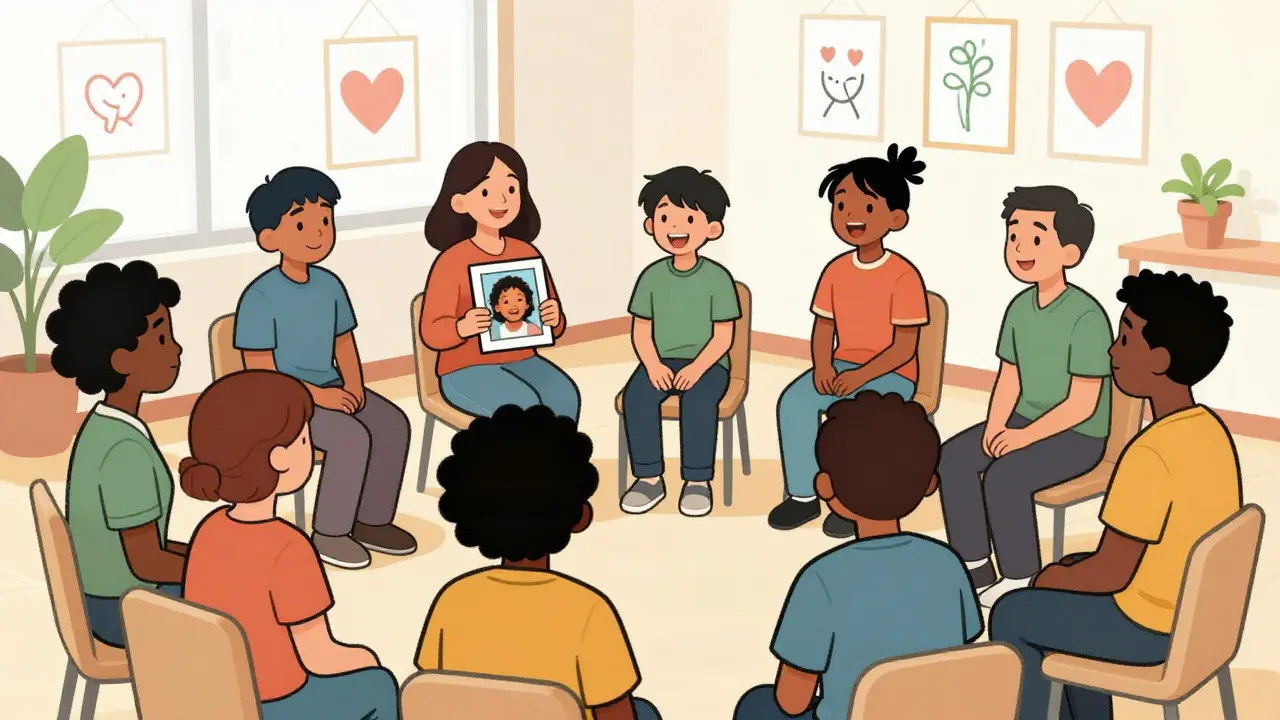 Skupina rodin na multifamiliární terapii, sdílí zkušenosti v kruhu.