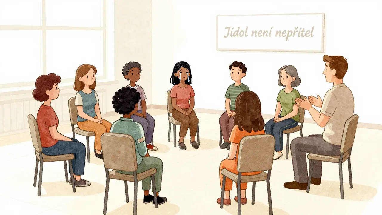 Skupinová terapie pro poruchy příjmu potravy, kde pacientky sedí v kruhu a jedna drží lžíci v polovině pohybu.