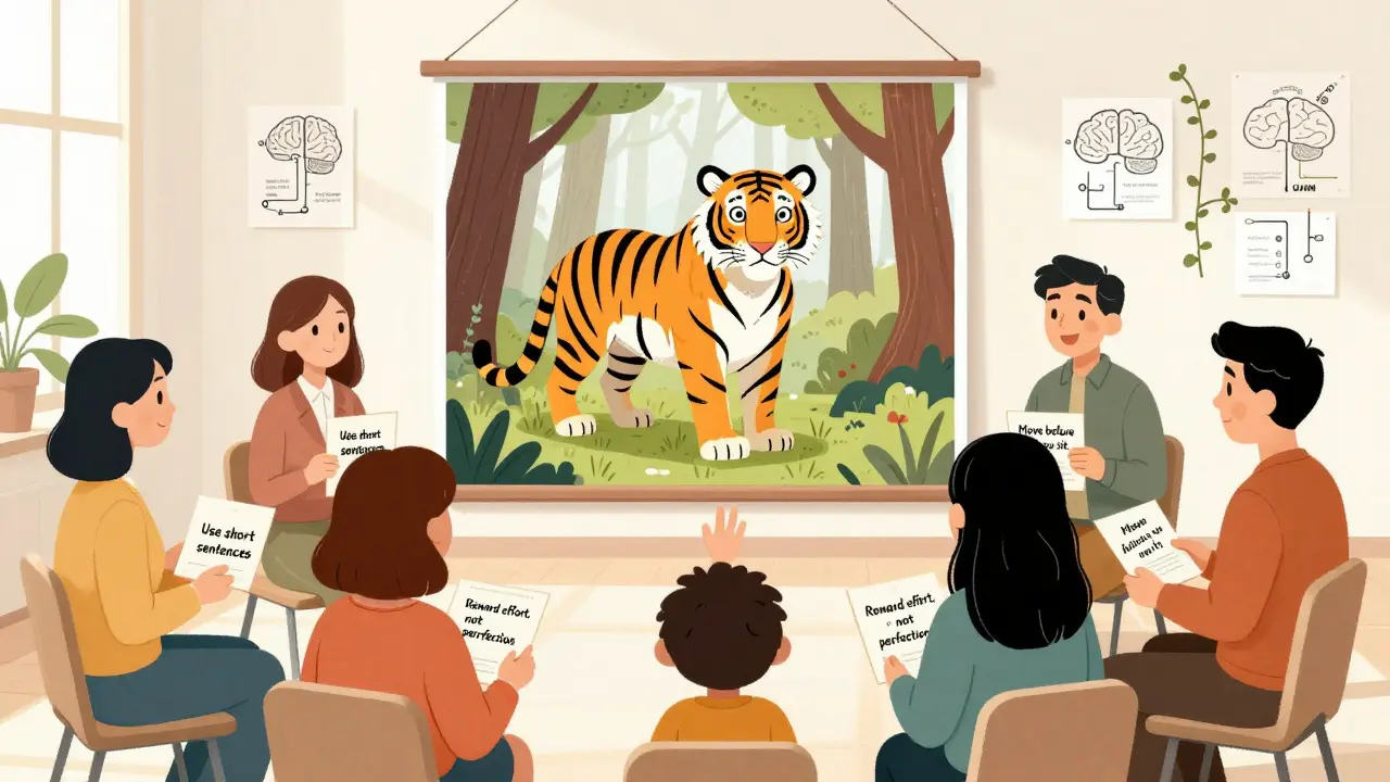 Společný kurz pro rodiče a učitele s plakátem tygra v lese a karetami s tipy.