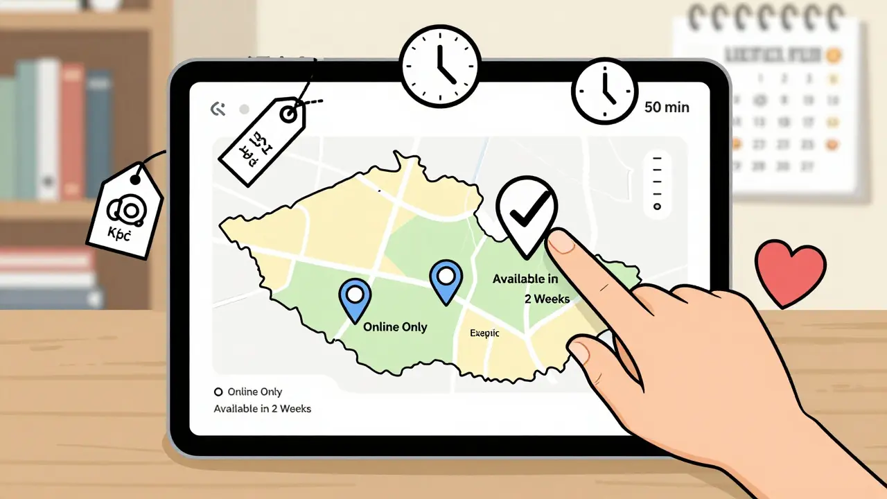 Tablet zobrazuje mapu Česka s terapeuty, cenami a dostupností, symbolizující výběr podle potřeb.