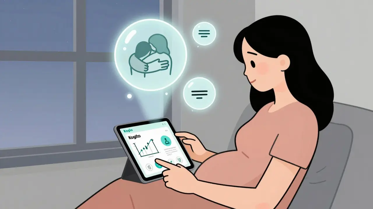 Těhotná žena používá aplikaci Kogito na tabletu, sleduje svou náladu v klidném prostředí.