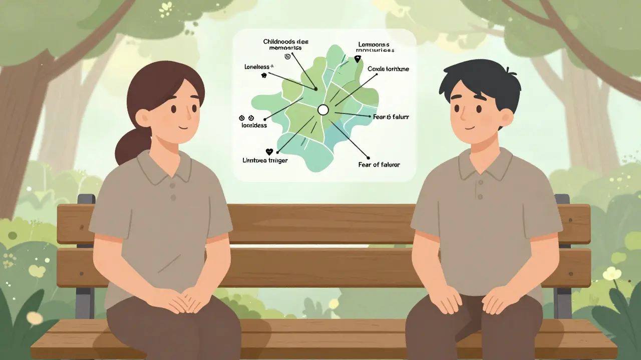 Terapeut a klient sedí vedle sebe, mezi nimi průhledná mapa emocí.