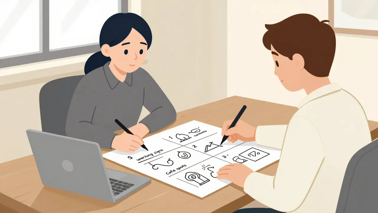 Terapeut a klient společně sestavují krizový plán na stole v klidné kanceláři.