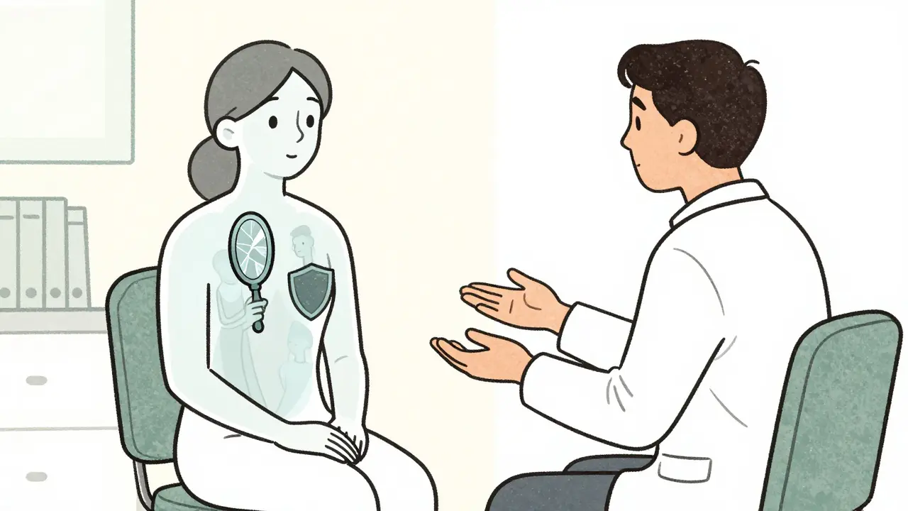 Terapeut a klient spolu hovoří, z klienta vyrůstají průhledné vnitřní části.