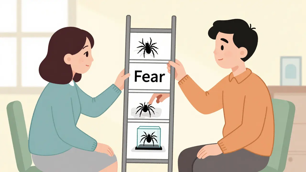 Terapeut a pacient spolu procházejí žebříček strachu s pavoukem.