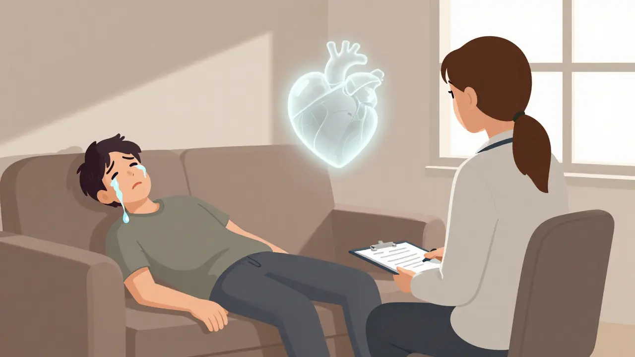 Terapeut klidně sedí vedle pacienta, který dramatizuje své pocity, ale neodpovídá na scénu.