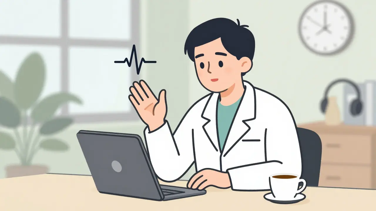 Terapeut při online sezení zastavuje, aby uznal ticho, nad tabletem pulsující srdce.