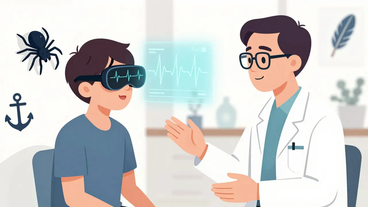 Terapeut sleduje biometrická data pacienta přes virtuální realitu s pavoukem jako součástí terapie.