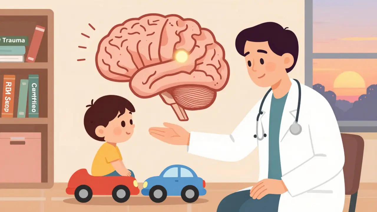 Terapeut vedoucí dítě přes pohyb hračky při EMDR terapii.