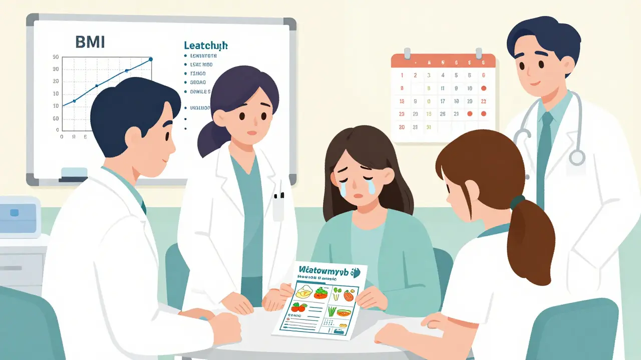 Tým lékařů spolu s pacientkou analyzuje plán výživy s přesnými porcemi.