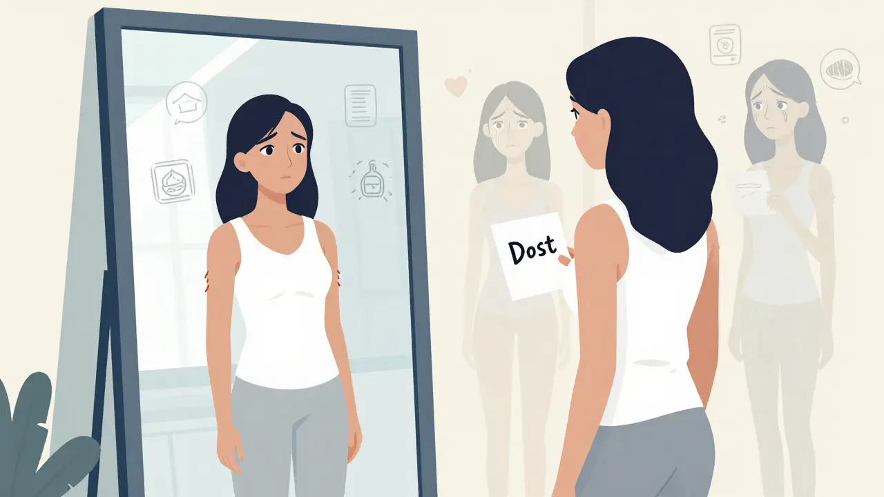 Žena před zrcadlem po hospitalizaci, její odraz je zdravější, zatímco staré obrazy se rozpouštějí za ní.