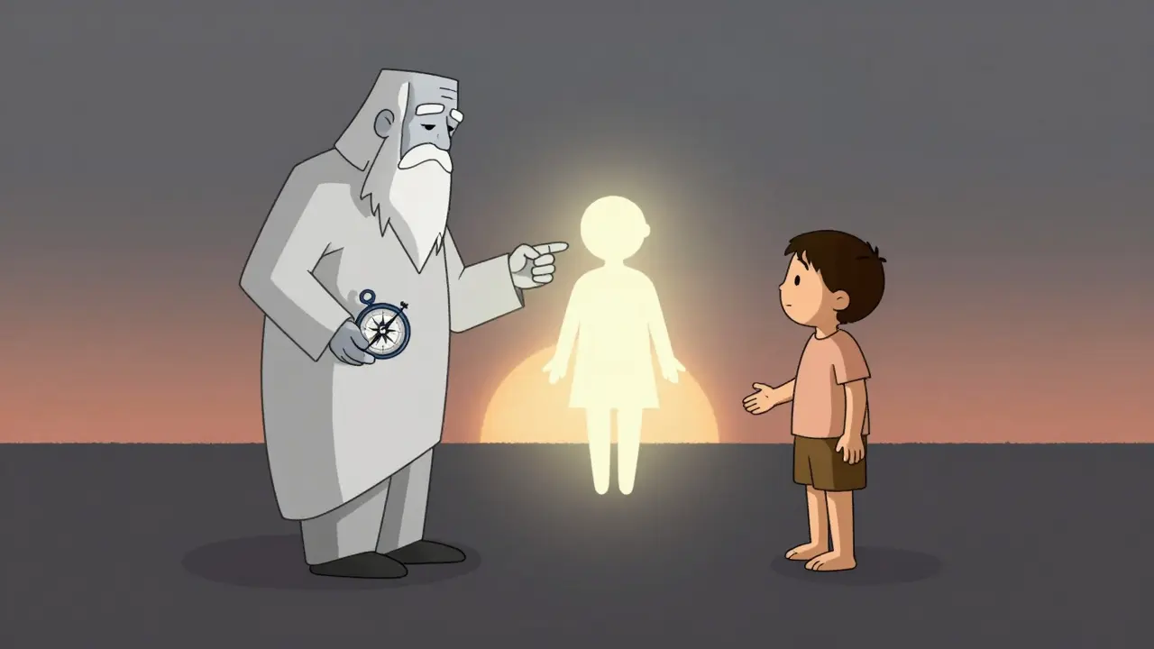 Zraněná část a kritická část se přeměnily v mír a podporu, středem je jádrové Já.