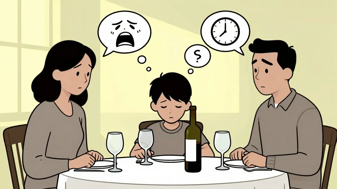 Česká rodina u stolu s prázdnými sklenicemi, nad dítětem vznikají myšlenky úzkosti a času.