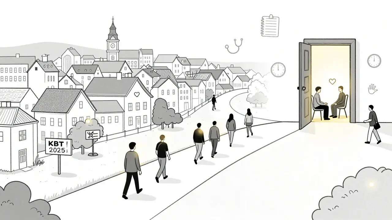 Cesta skrze české město, lidé se ubírají k terapii, na konci otevřená dveře do klidného prostoru.