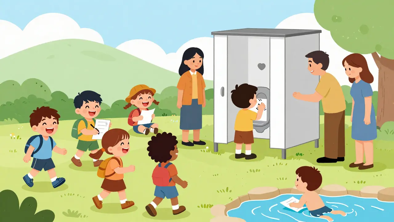 Děti se baví na letním táboře, jedna z nich využívá toaletu bez stresu.