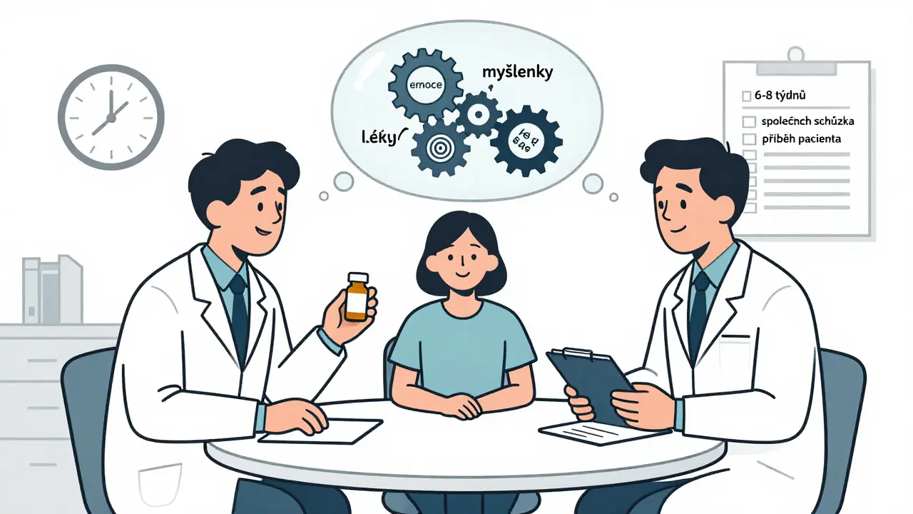 Dva odborníci a pacient spolu sedí u stolu, jejich myšlenky jsou znázorněny jako propojené součástky.
