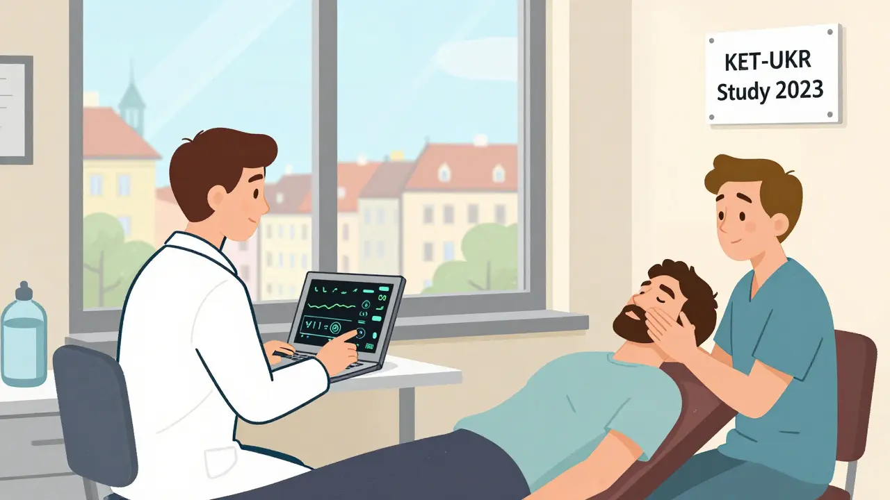 Dva odborníci v pražské klinice sledují pacienta během ketaminové terapie.