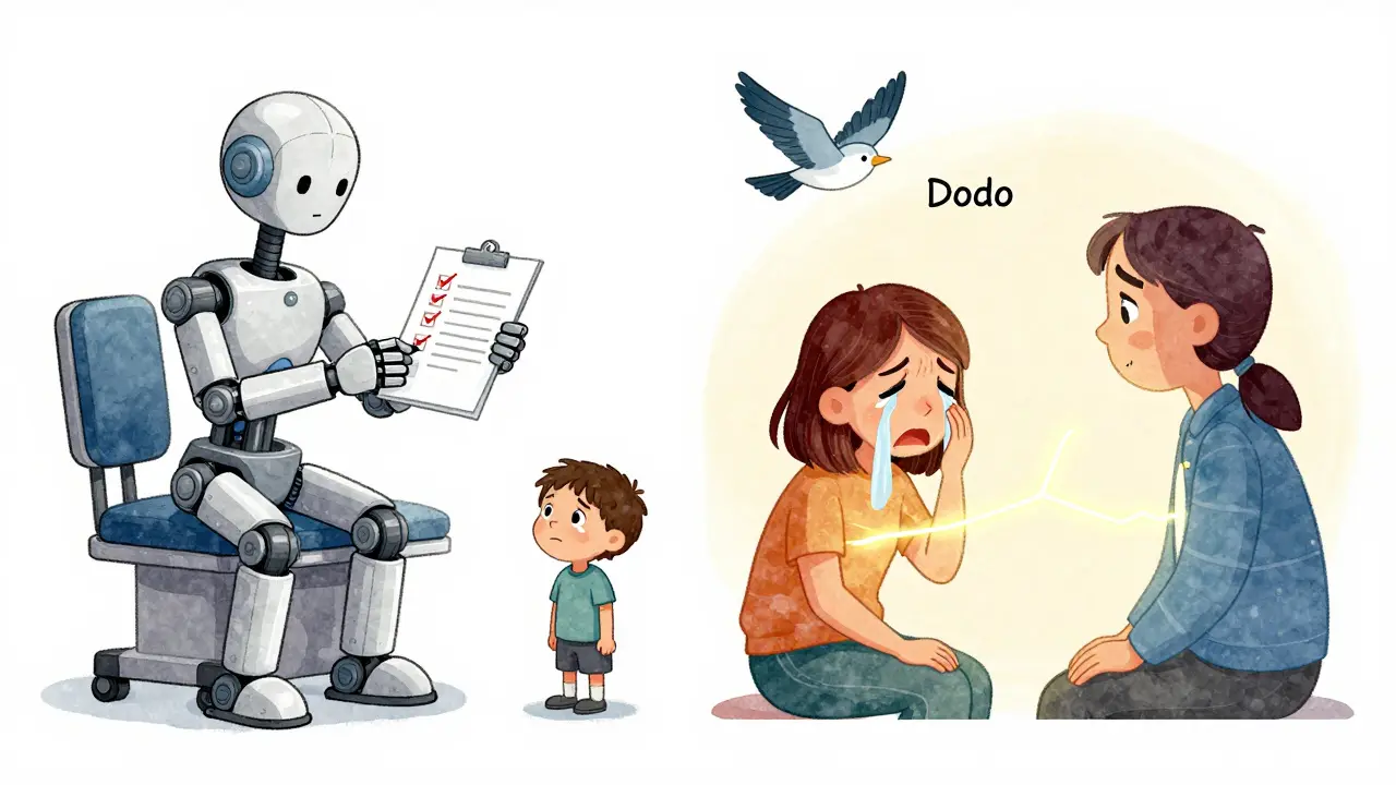 Dvě scény: mechanická terapie na levé straně a lidská empatie na pravé, nad nimi létá pták Dodo.