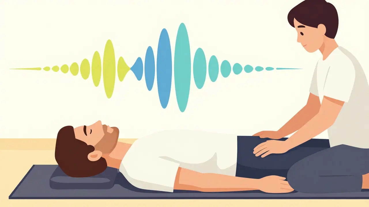 Holotropní dýchání během terapie s rytmickými zvukovými vlnami.