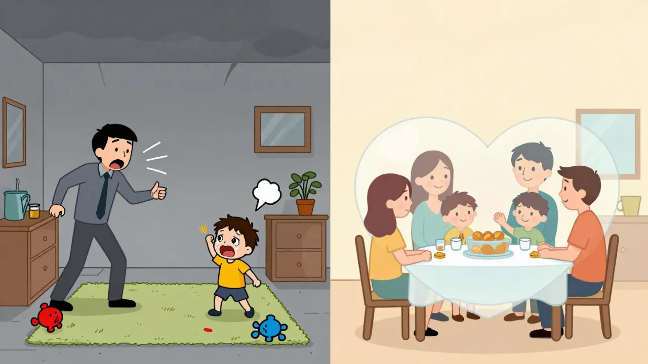 Kontrast mezi chaotickou a klidnou rodinnou scénou — změna reakce rodičů změní celou atmosféru.