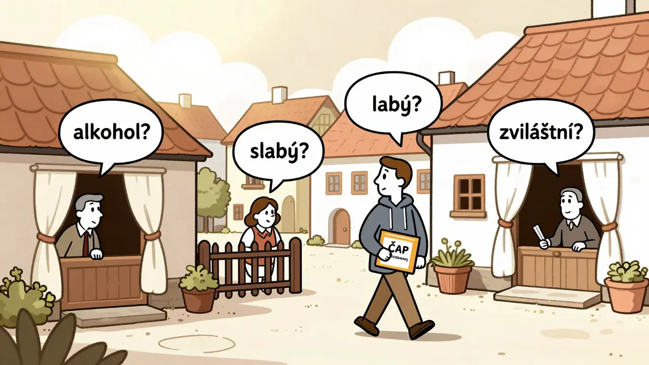 Malé české město, kde sousedé pozorují člověka jdoucího k terapeutovi s předsudky ve myšlenkách.