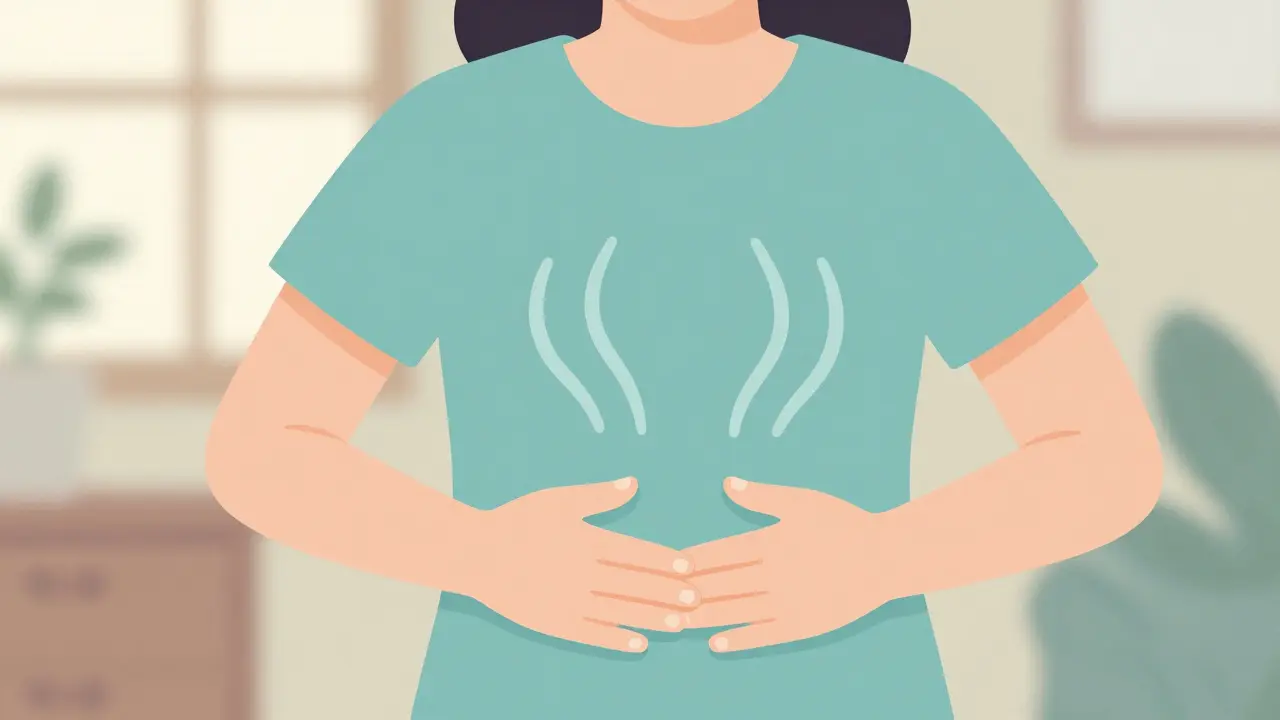 Osoba cvičí břišní dýchání v klidné domácí atmosféře.