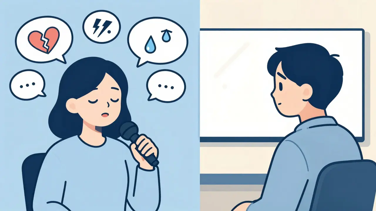 Osoba mluví bez kamery, terapeut ji poslouchá, emocionální myšlenky jsou vidět jako bubliny.