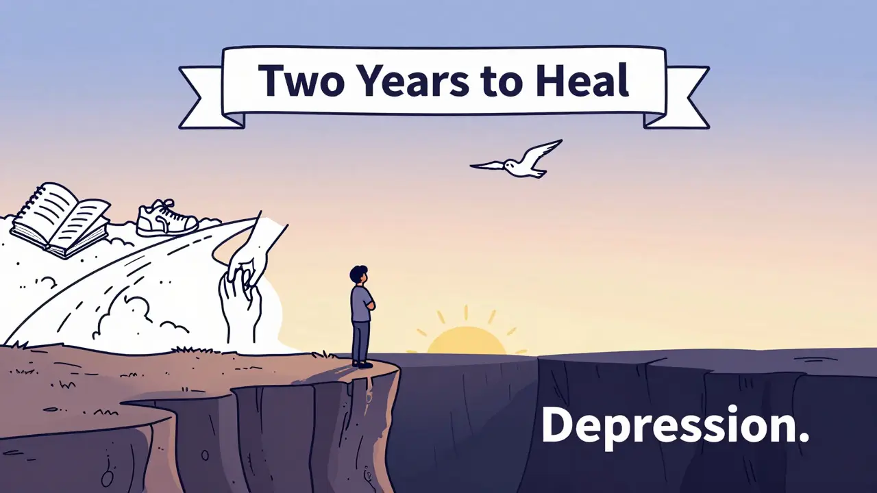 Osoba na okraji skály, za ní cesta zpět k naději, pták letí směrem k ní.