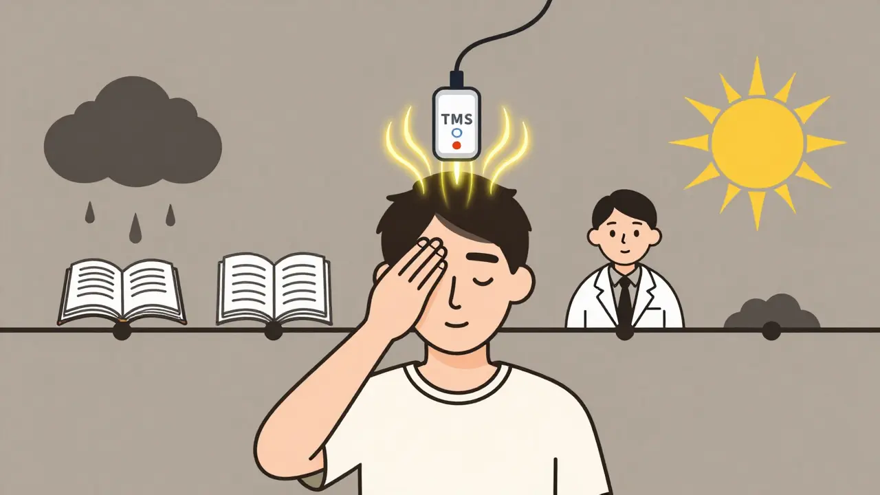 Osoba podstupuje TMS terapii, kolem ní se objevují znaky zlepšení: deník, terapeut a vycházející slunce.