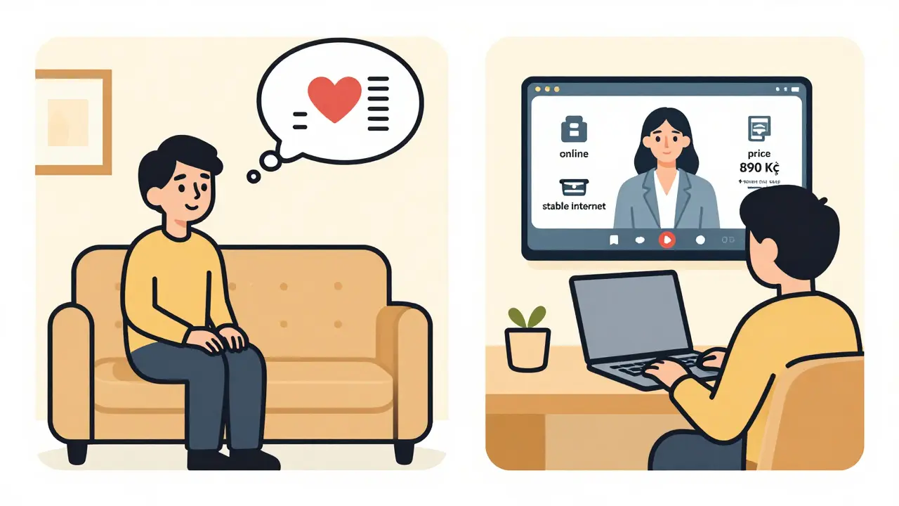 Osoba v terapeutickém sezení, osobně i online, s ikonami cen a připojení.