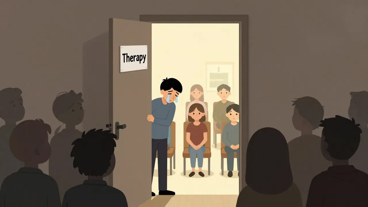 Osoba vstupuje do místnosti s terapií, kde lidé prožívají různé emoce v bezpečném prostředí.